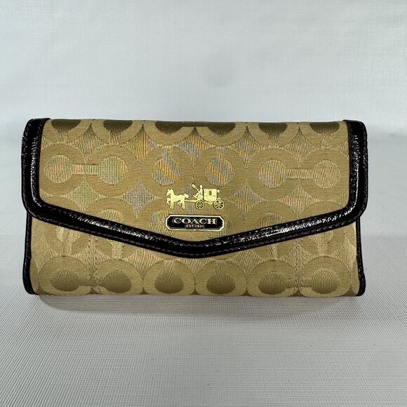 VINTAGE Coach Madison Op Art Checkbook Wallet | Khaki Brown Canvas Patent Leathe - Picture 1 of 14